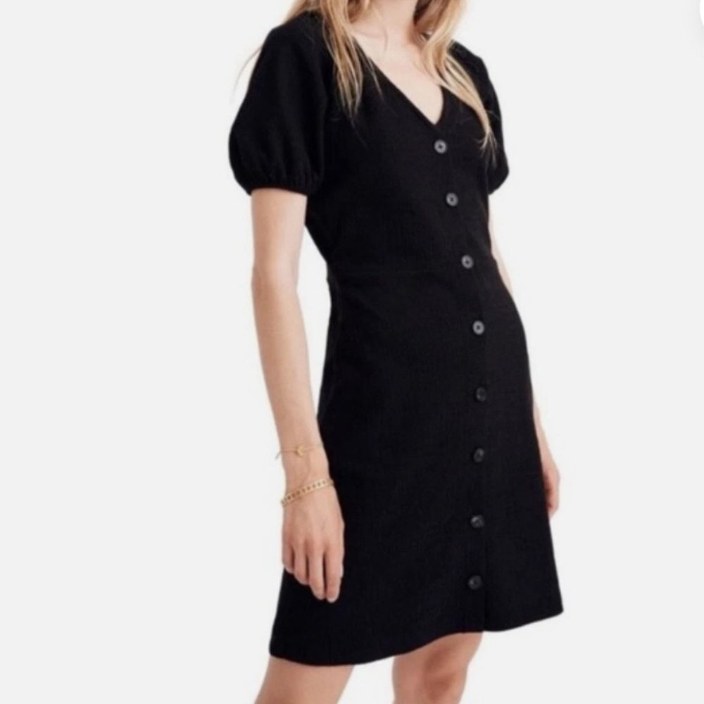 Madewell Texture & Thread Black Button Front Mini Dress Puff Sleeve Stretch M